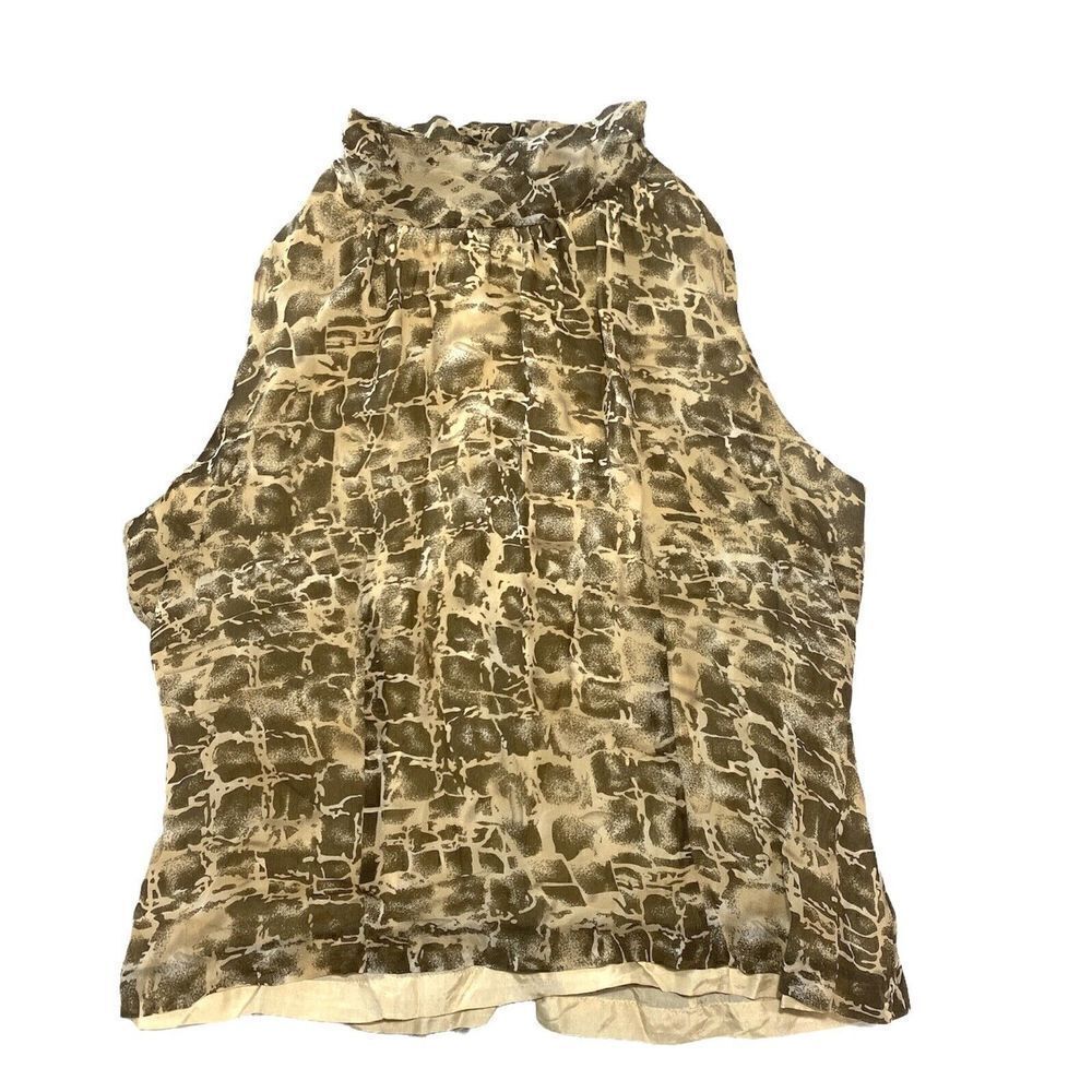 100% Silk TESS Tan Animal Print  Sleeveless Blouse Women's Large